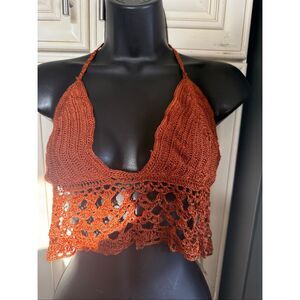 Memoi Women's Let's Run Away Crochet Halter Crop Tank Top Rust Brown Size Medium